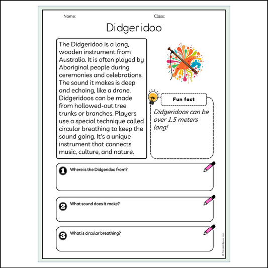 Didgeridoo | Reading Passage Comprehension Questions Writing Facts Worksheet