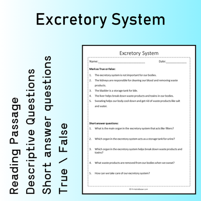 Excretory System | Reading Comprehension Passage Printable Worksheet
