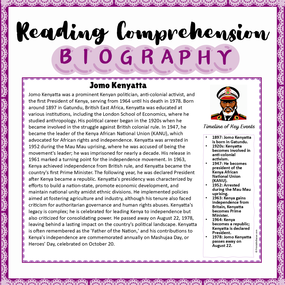 Jomo Kenyatta | Biography Reading Comprehension and Questions Worksheet