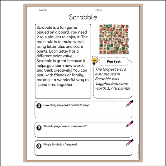 Scrabble | Reading Passage Comprehension Questions Writing Facts Worksheet