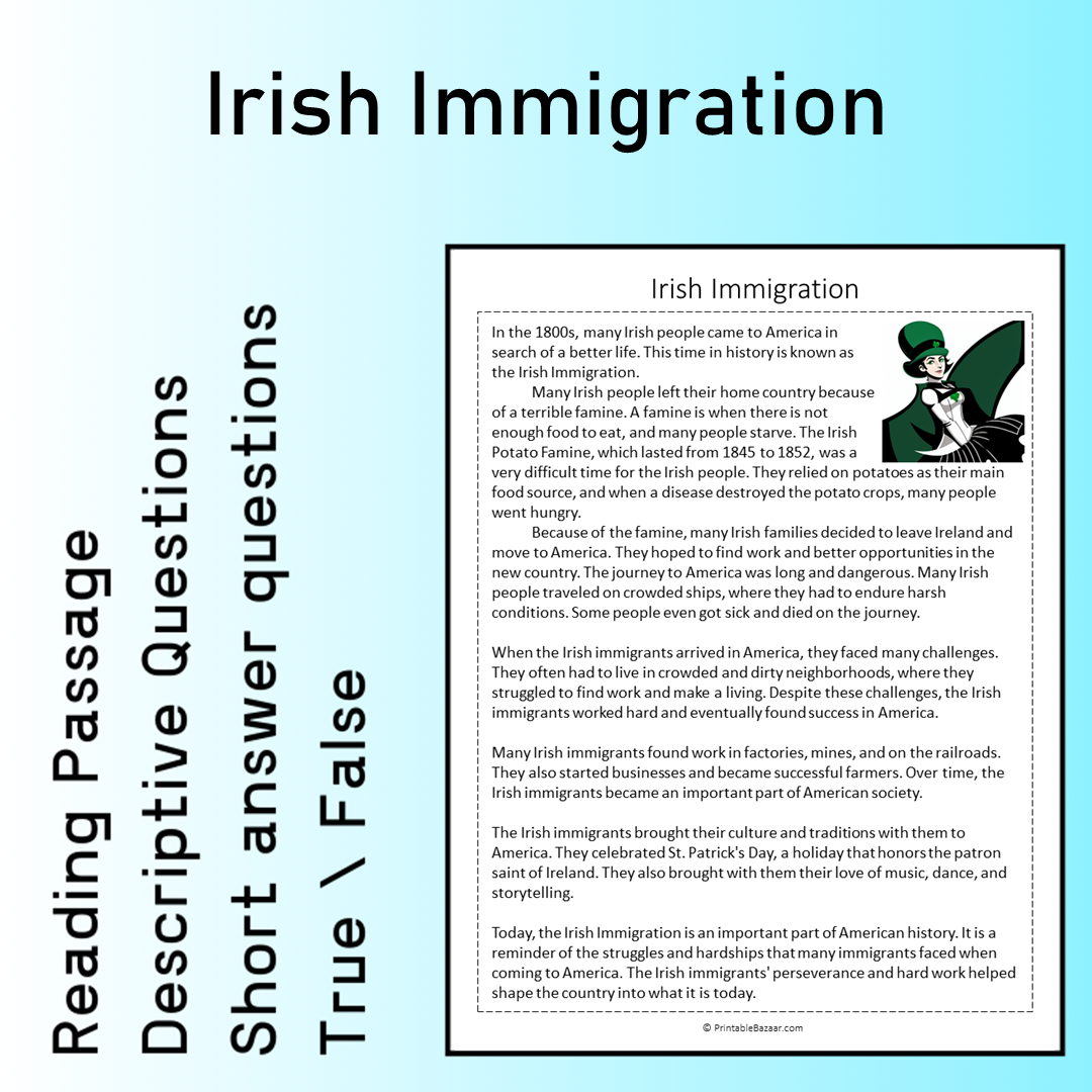 Irish Immigration | Reading Comprehension Passage Printable Worksheet
