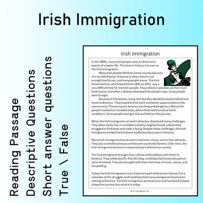 Irish Immigration | Reading Comprehension Passage Printable Worksheet