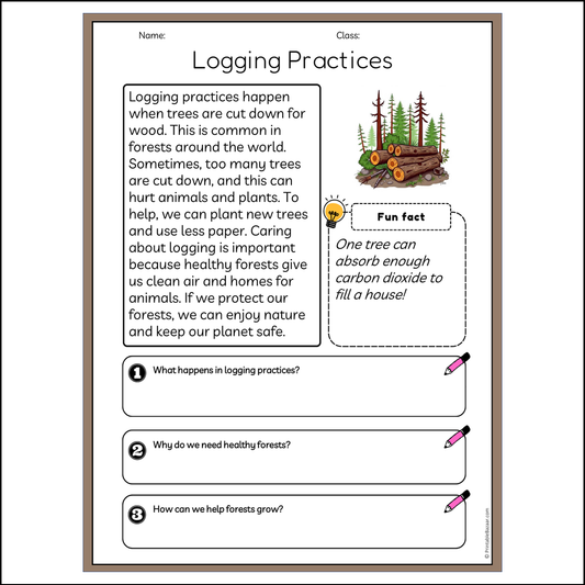 Logging Practices | Reading Passage Comprehension Questions Writing Facts Worksheet