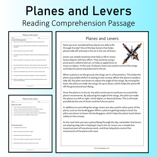 Planes and Levers | Reading Comprehension Passage Printable Worksheet