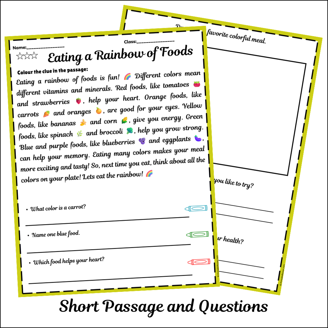 Eating a Rainbow of Foods | Short Reading Comprehension Creative Worksheet
