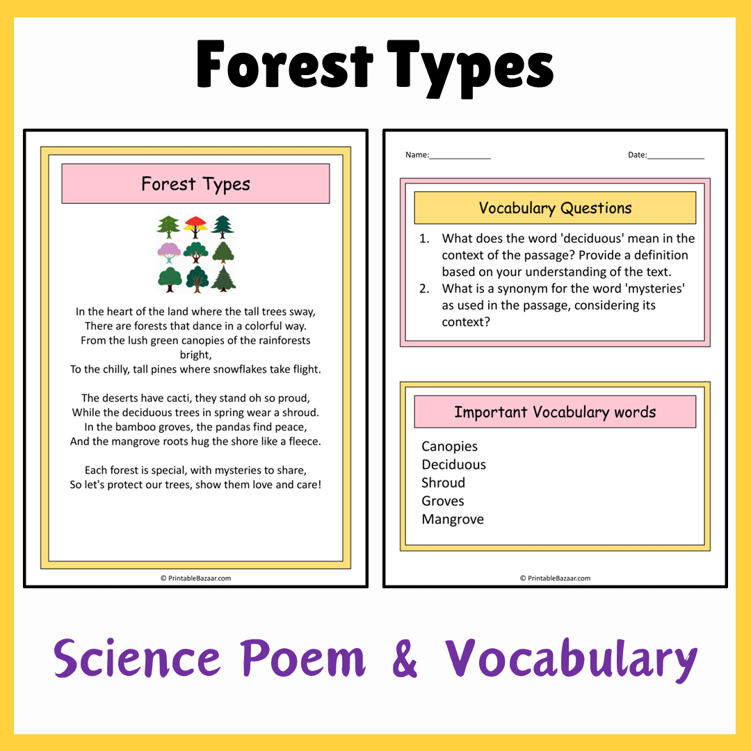 Forest Types | Science Poem Reading Comprehension Activity