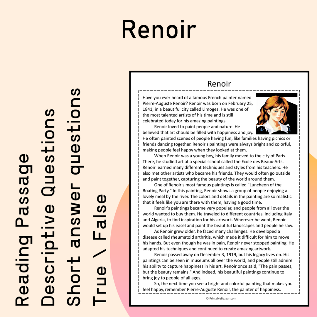 Renoir | Reading Comprehension Passage Printable Activity