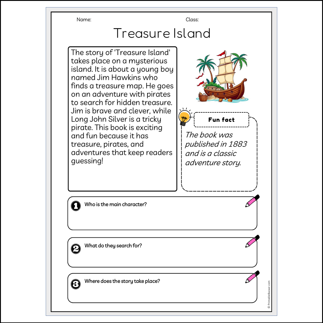 Treasure Island | Reading Passage Comprehension Questions Writing Facts Worksheet