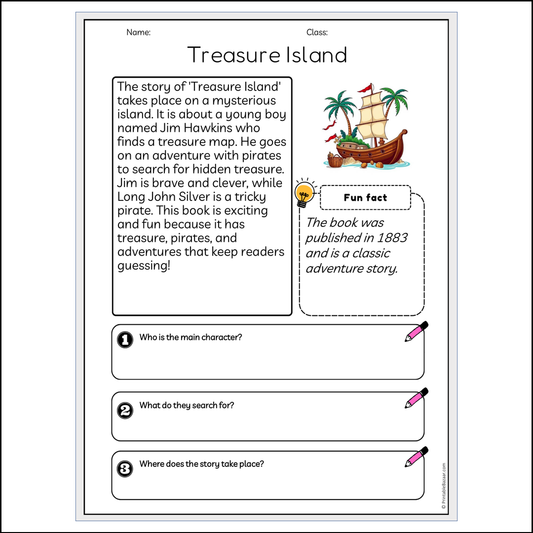 Treasure Island | Reading Passage Comprehension Questions Writing Facts Worksheet