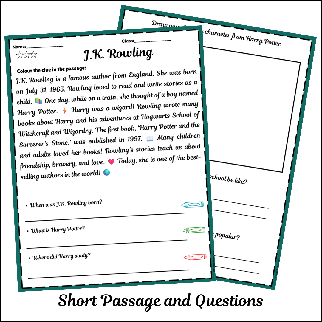 J.K. Rowling | Short Reading Comprehension Creative Worksheet