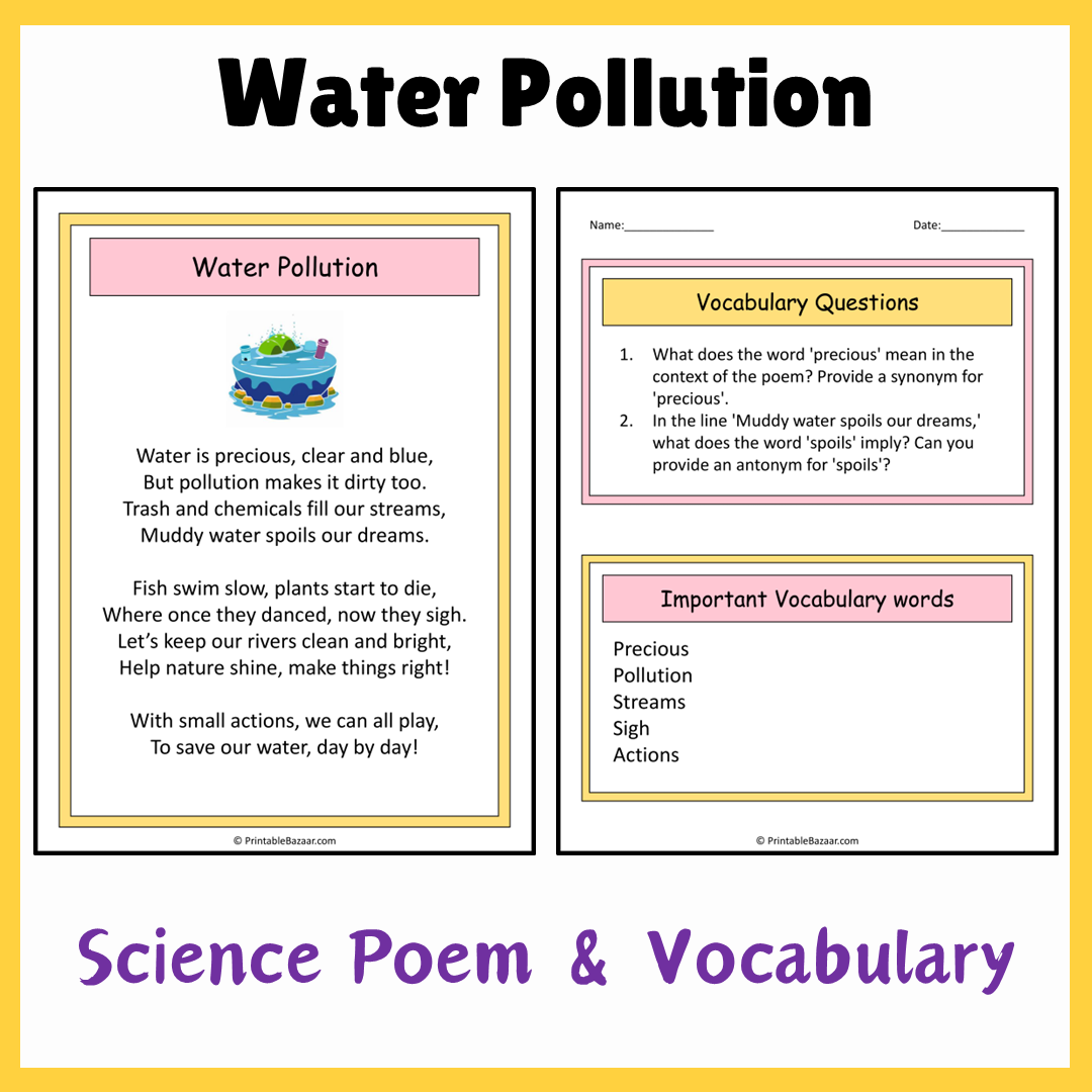 Water Pollution | Science Poem Reading Comprehension Activity