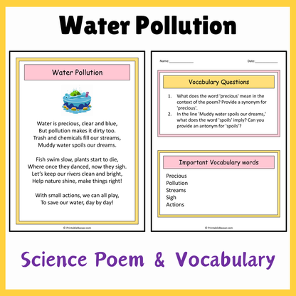 Water Pollution | Science Poem Reading Comprehension Activity