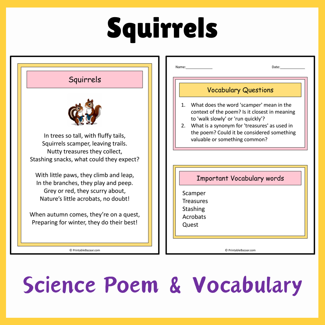 Squirrels | Science Poem Reading Comprehension Activity