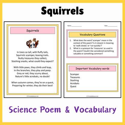 Squirrels | Science Poem Reading Comprehension Activity