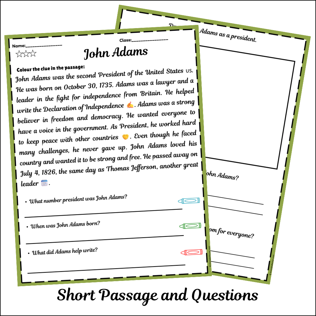 John Adams | Short Reading Comprehension Creative Worksheet