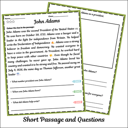 John Adams | Short Reading Comprehension Creative Worksheet