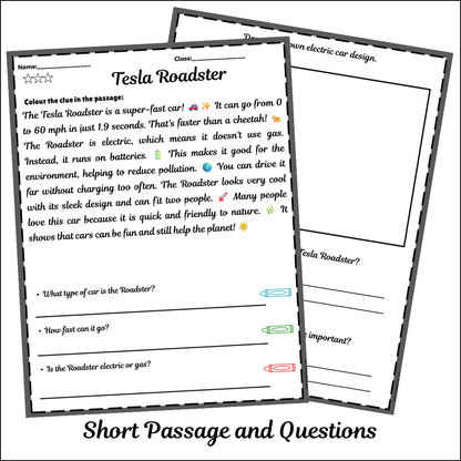 Tesla Roadster | Short Reading Comprehension Creative Worksheet