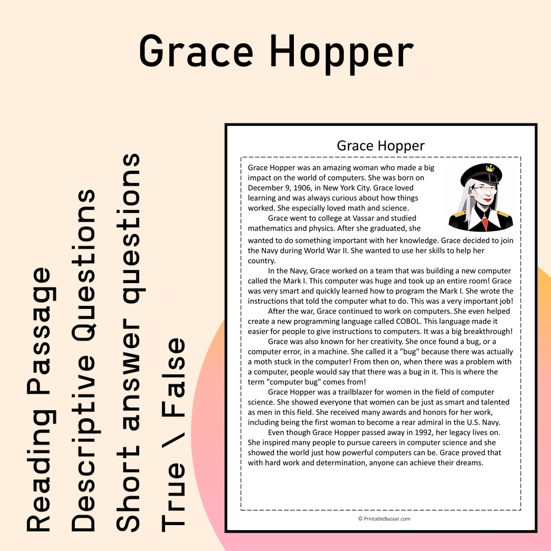 Grace Hopper | Reading Comprehension Passage Printable Activity
