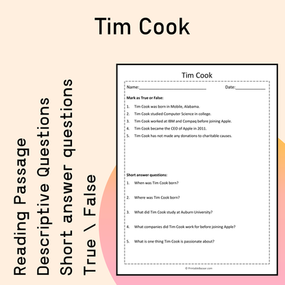 Tim Cook | Reading Comprehension Passage Printable Activity