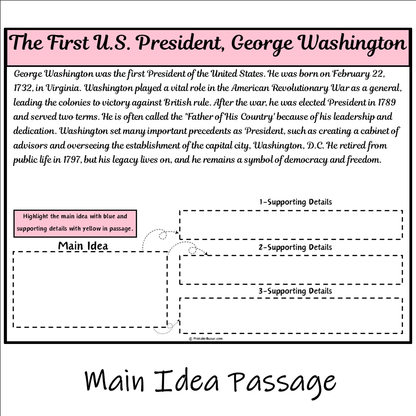 The First U.S. President, George Washington | Main Idea and Supporting Details Reading Passage and Questions