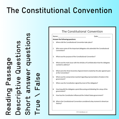 The Constitutional Convention | Reading Comprehension Passage Printable Worksheet