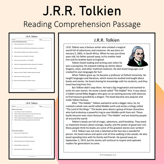 J.R.R. Tolkien | Reading Comprehension Passage Printable Activity