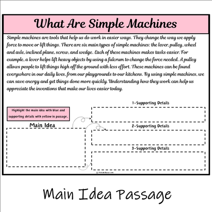 What Are Simple Machines | Main Idea and Supporting Details Reading Passage and Questions