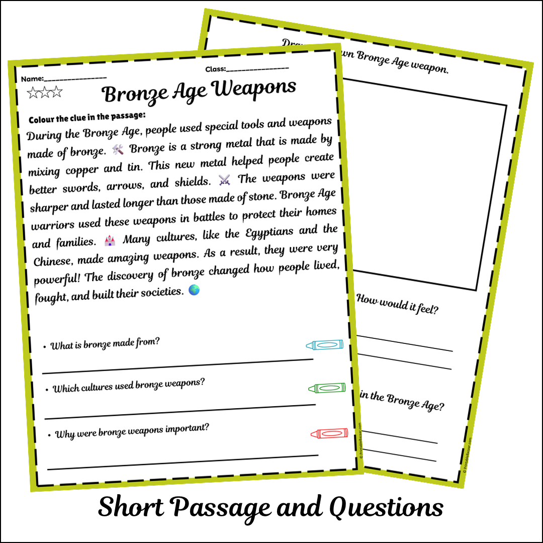 Bronze Age Weapons | Short Reading Comprehension Creative Worksheet