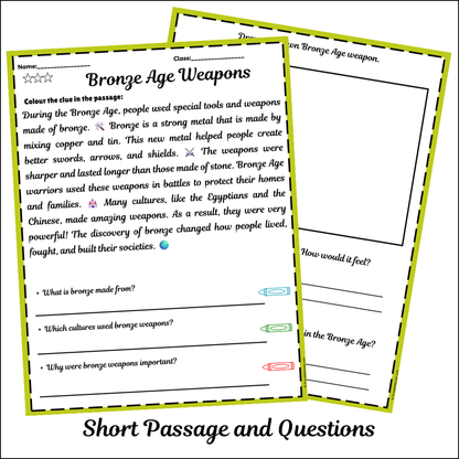 Bronze Age Weapons | Short Reading Comprehension Creative Worksheet