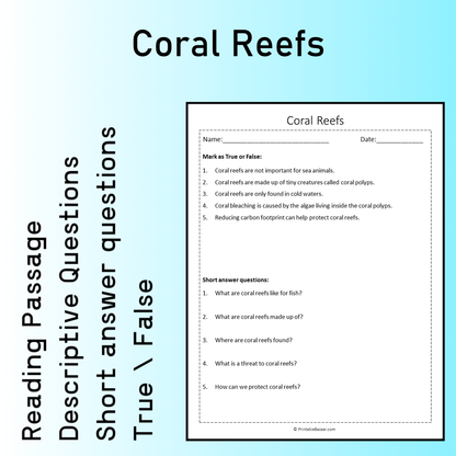 Coral Reefs | Reading Comprehension Passage Printable Worksheet