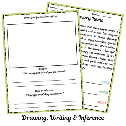 Luxury Items | Short Reading Comprehension Creative Worksheet