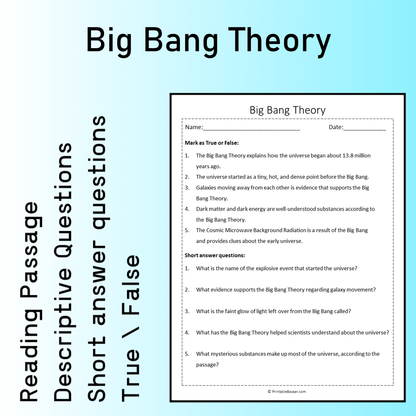 Big Bang Theory | Reading Comprehension Passage Printable Worksheet