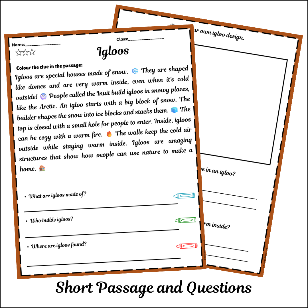 Igloos | Short Reading Comprehension Creative Worksheet