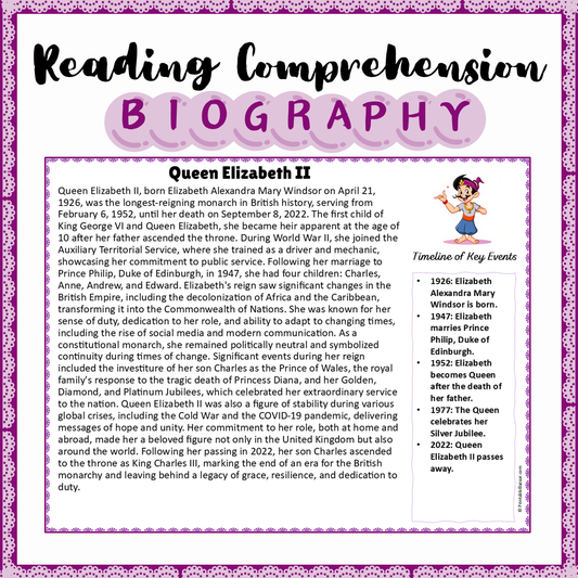 Queen Elizabeth II | Biography Reading Comprehension and Questions Worksheet