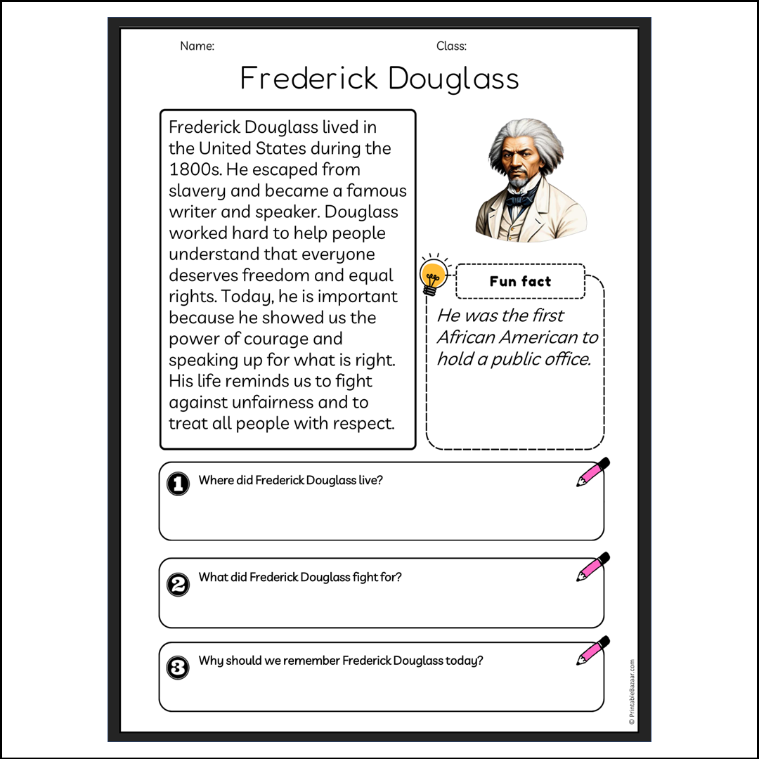 Frederick Douglass | Reading Passage Comprehension Questions Writing Facts Worksheet