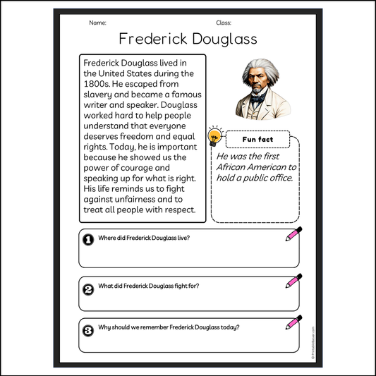 Frederick Douglass | Reading Passage Comprehension Questions Writing Facts Worksheet