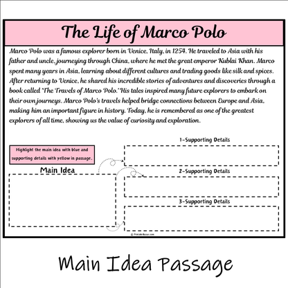 The Life of Marco Polo | Main Idea and Supporting Details Reading Passage and Questions