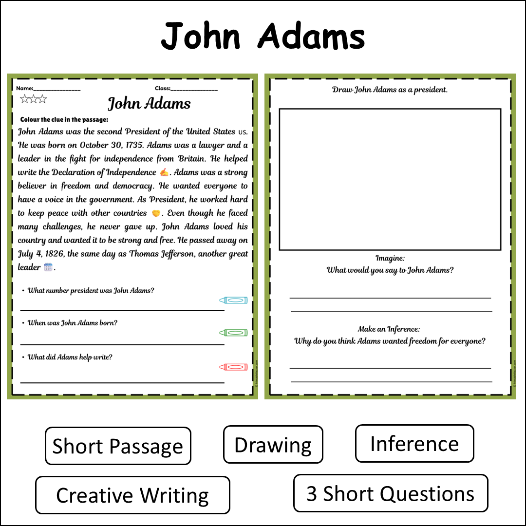 John Adams | Short Reading Comprehension Creative Worksheet