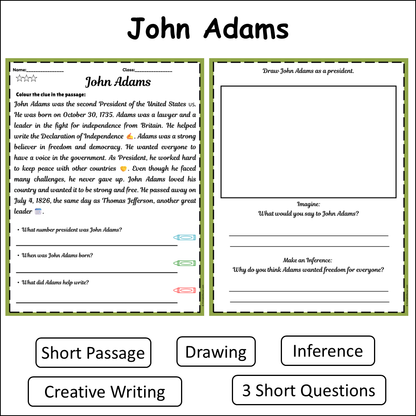 John Adams | Short Reading Comprehension Creative Worksheet