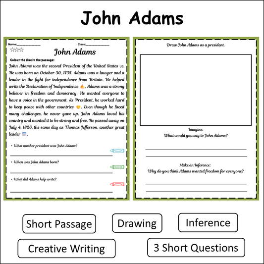 John Adams | Short Reading Comprehension Creative Worksheet