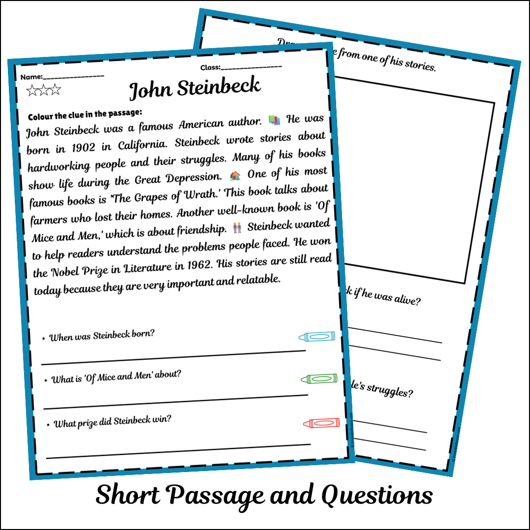 John Steinbeck | Short Reading Comprehension Creative Worksheet