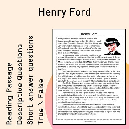 Henry Ford | Reading Comprehension Passage Printable Activity