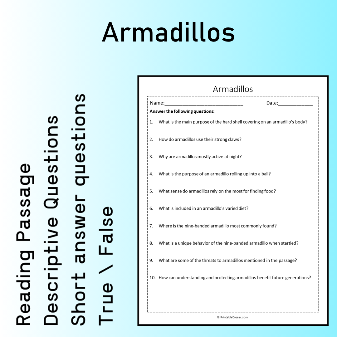 Armadillos | Reading Comprehension Passage Printable Worksheet