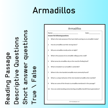 Armadillos | Reading Comprehension Passage Printable Worksheet