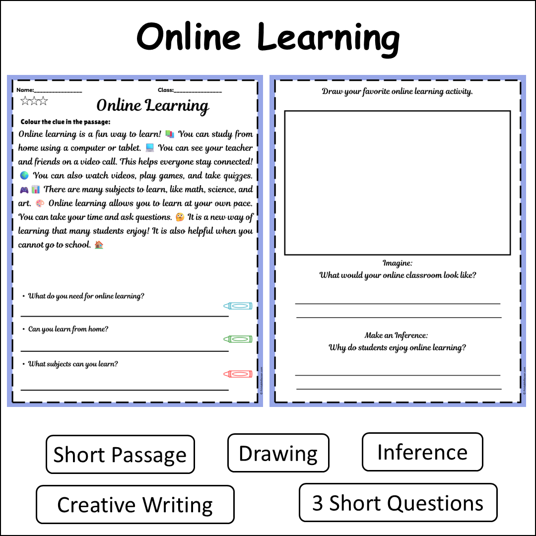 Online Learning | Short Reading Comprehension Creative Worksheet
