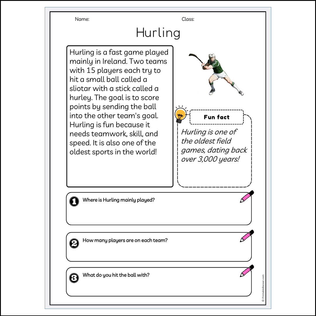 Hurling | Reading Passage Comprehension Questions Writing Facts Worksheet