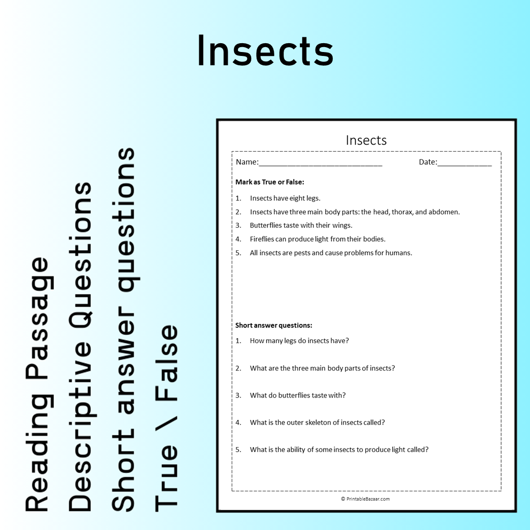 Insects | Reading Comprehension Passage Printable Worksheet