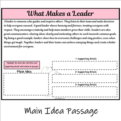 What Makes a Leader | Main Idea and Supporting Details Reading Passage and Questions