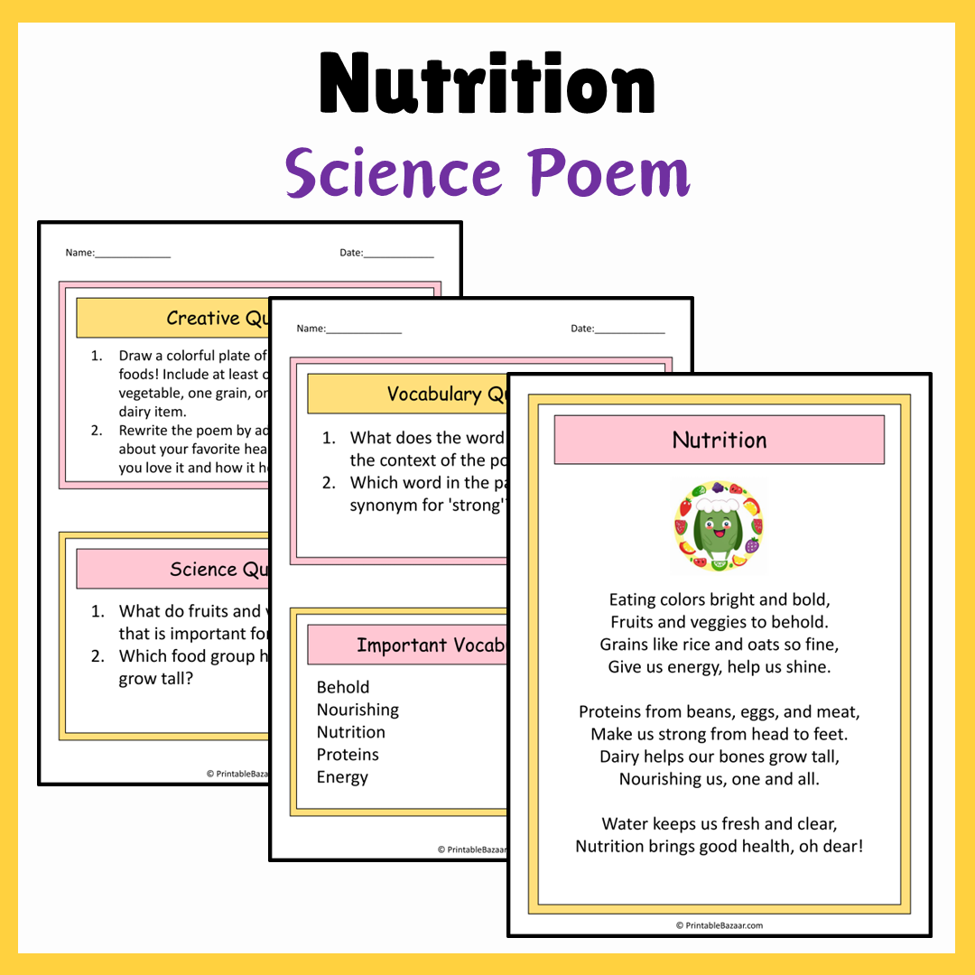 Nutrition | Science Poem Reading Comprehension Activity