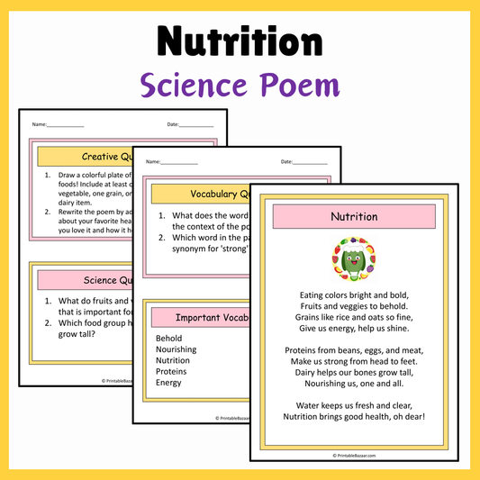 Nutrition | Science Poem Reading Comprehension Activity